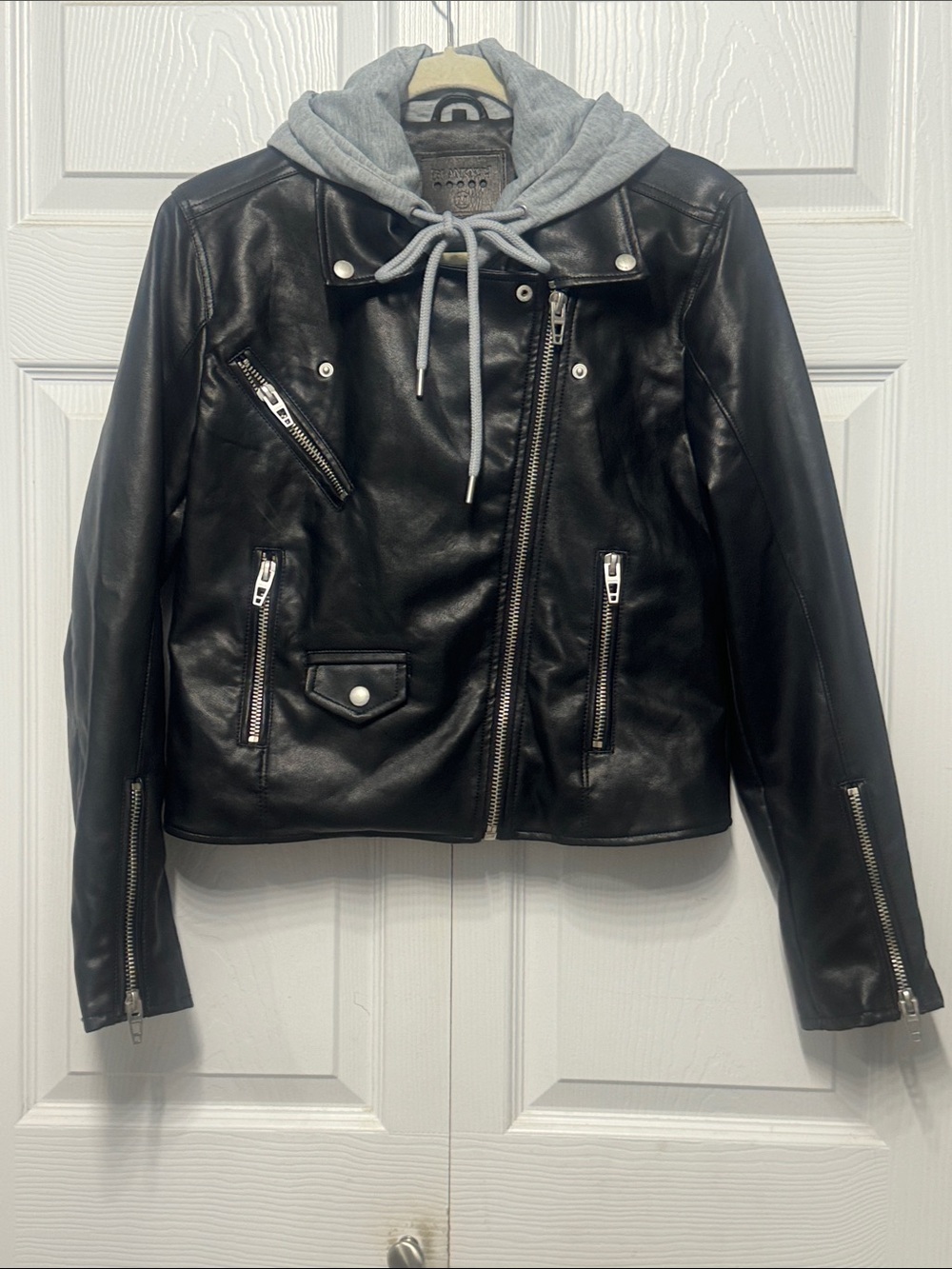 Blank NYC Black Faux Leather Moto Jacket with Gray Hood